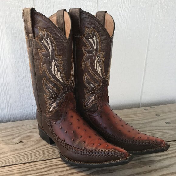 El General Ostrich Print Pointy Mens Brown Leather Buckstitched Boots 7.5 1892 - Picture 1 of 14